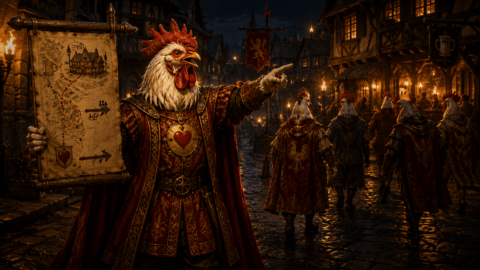 Marty pointing the way down a medieval street with a map