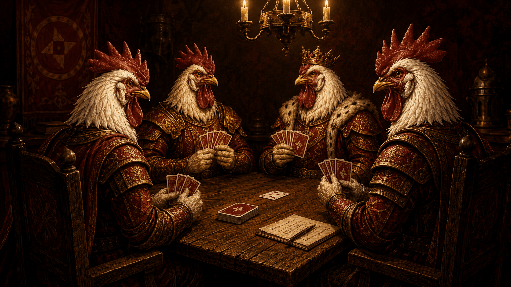 Four rooster knights at a tournament table